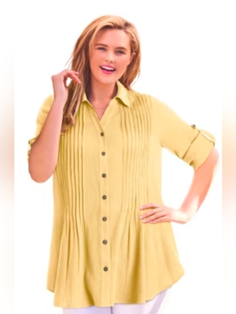 Woman Within Pintucked Button Down Within Pale Button-Front Pleated Blouse